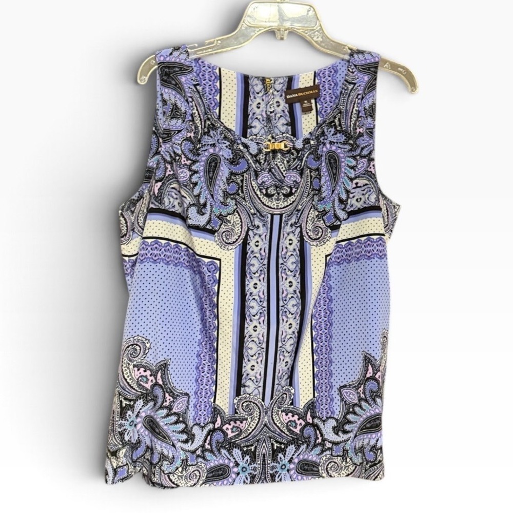 Dana Buchman Blouse Womens XL Purple Paisley Polka Dot Gold Buckle Zip Back Top